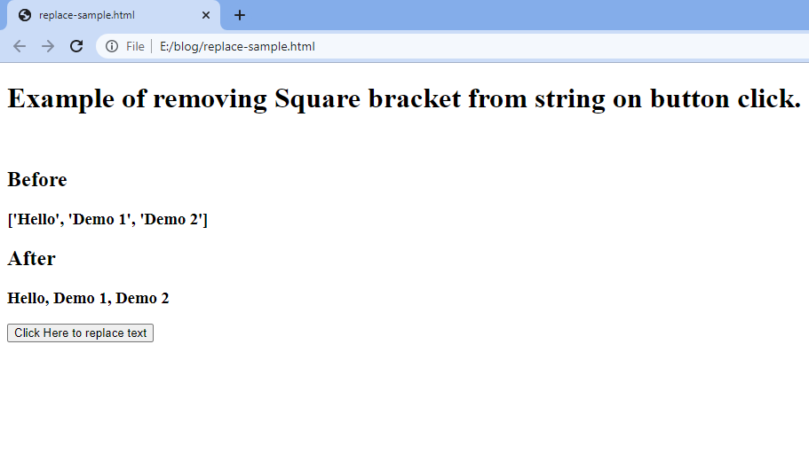Remove square brackets from string on button click using javascript.